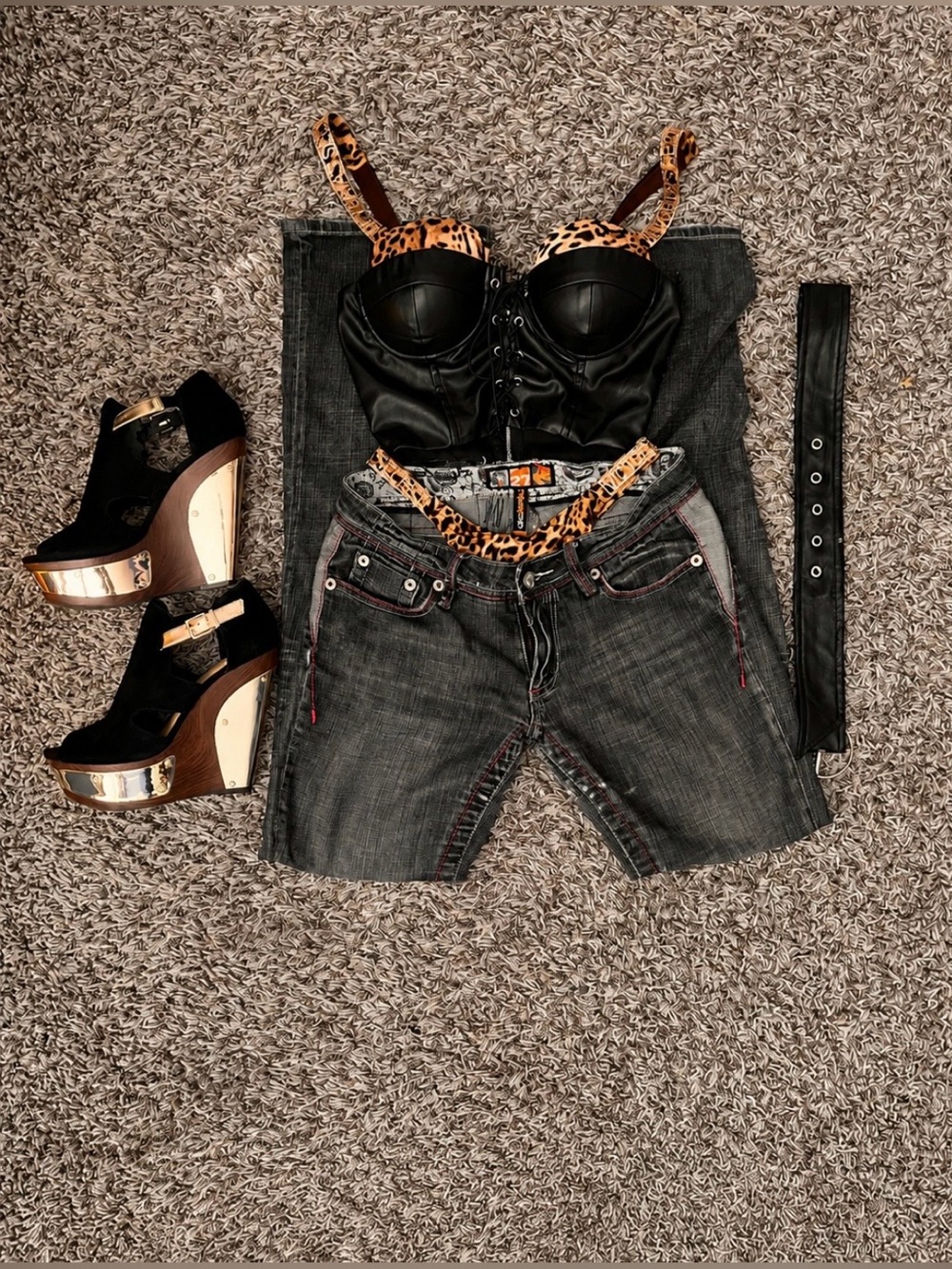 Black Suede Platform Wedge Heels with Gold Accent